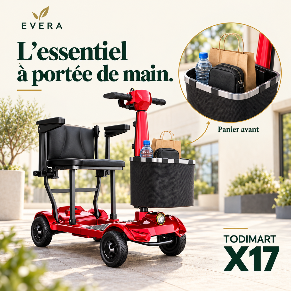 TODIMART X17 — Scooter électrique de mobilité 4 roues, rouge