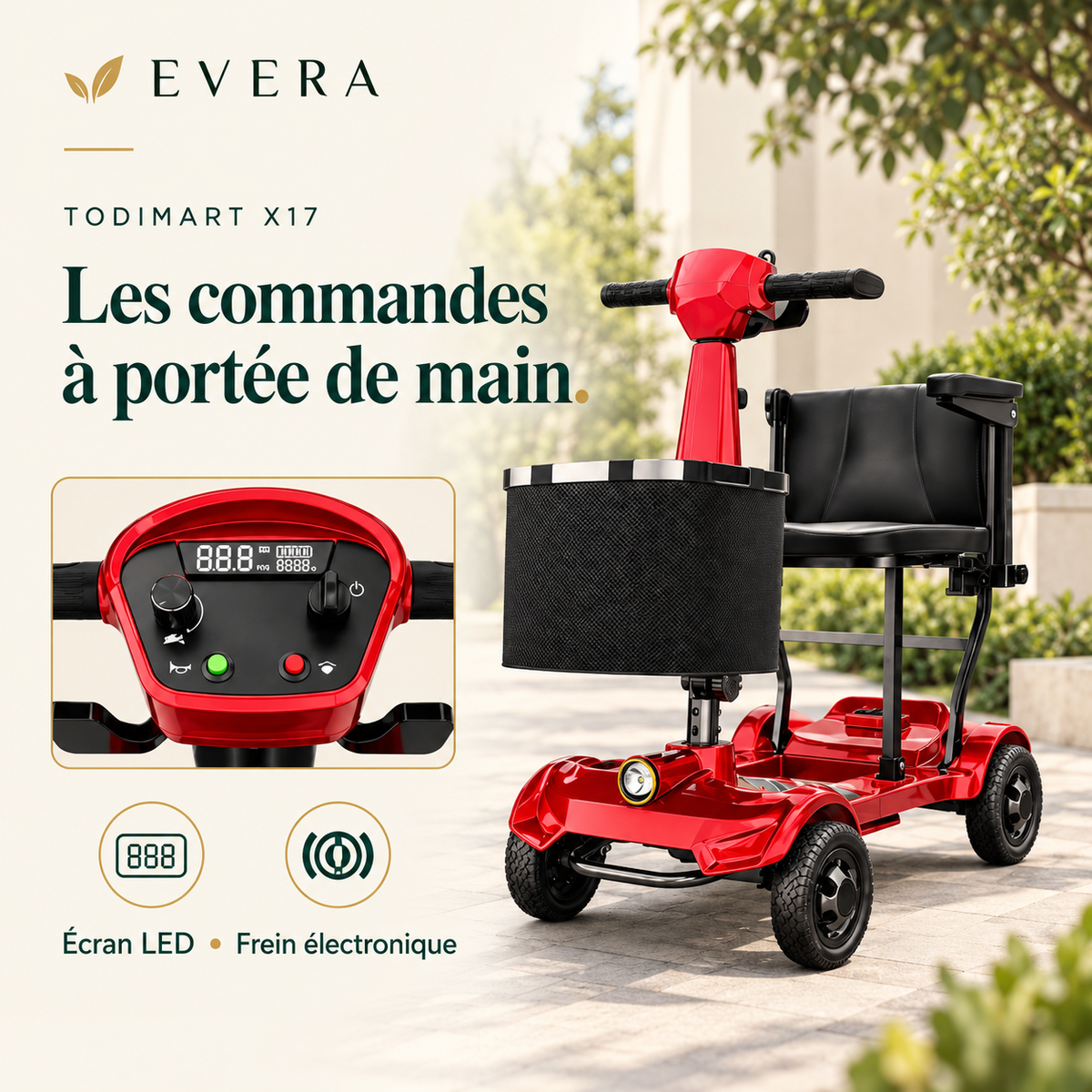 TODIMART X17 — Scooter électrique de mobilité 4 roues, rouge