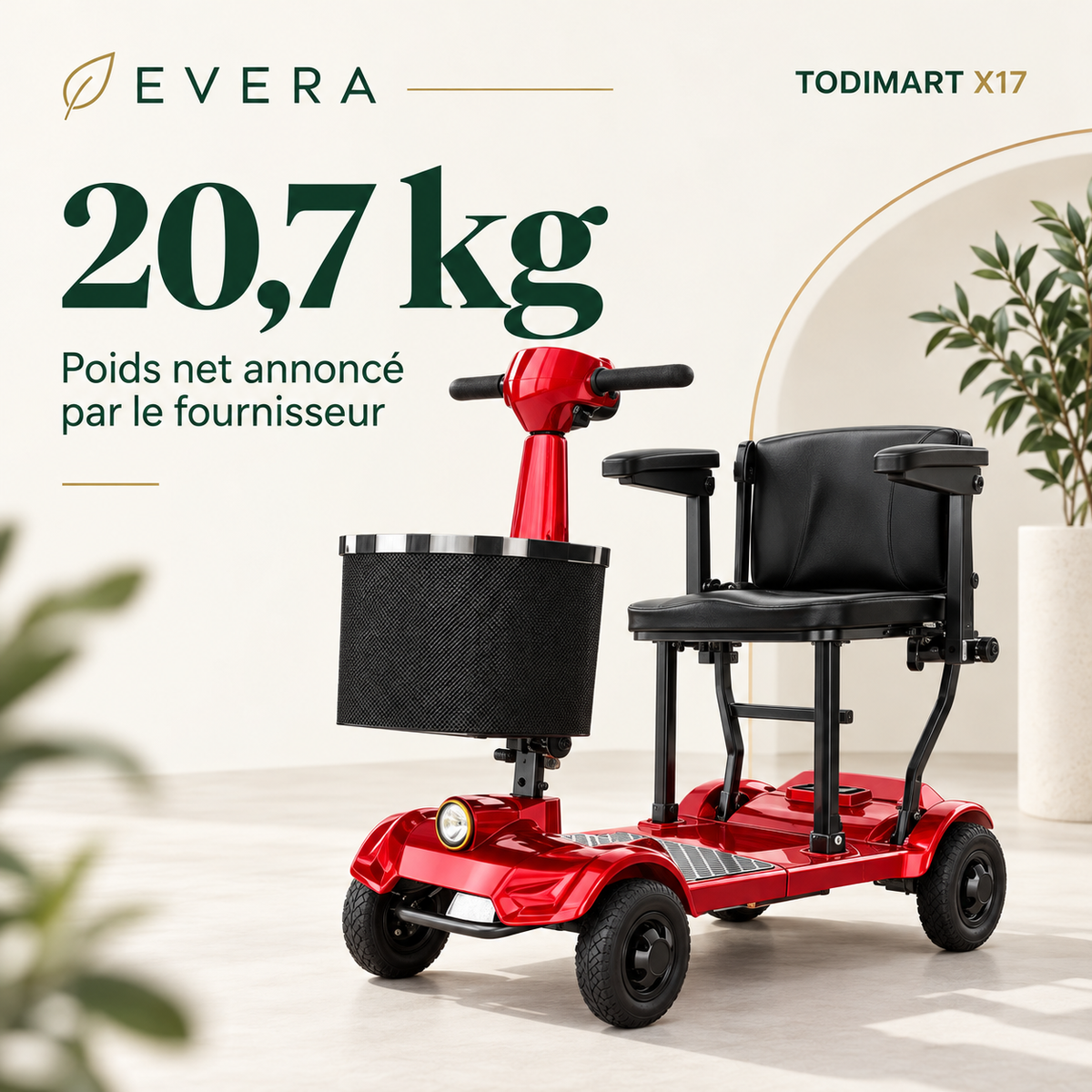 TODIMART X17 — Scooter électrique de mobilité 4 roues, rouge