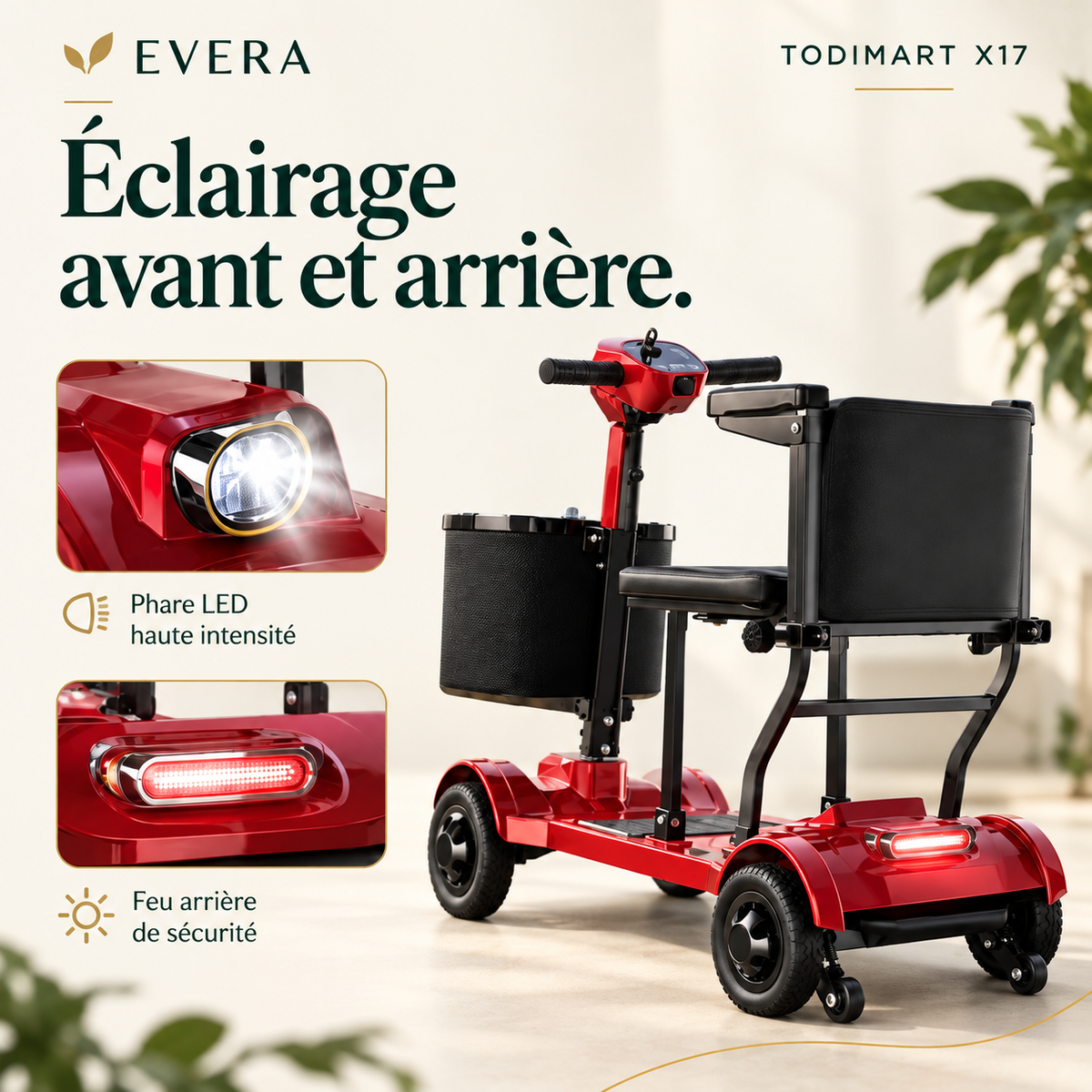 TODIMART X17 — Scooter électrique de mobilité 4 roues, rouge