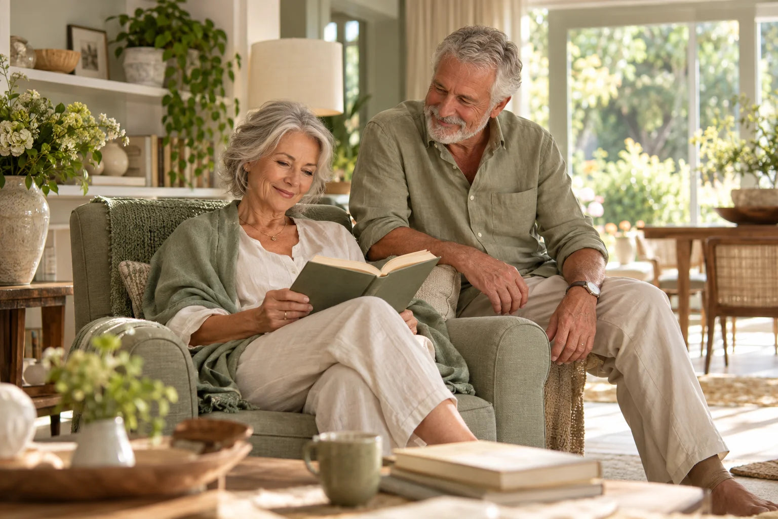 Un couple de seniors partage un moment de lecture chez lui